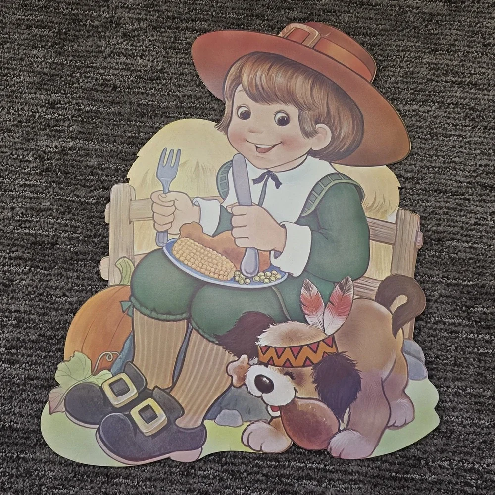 3 Large Vintage Die Cut Thanksgiving Double Sided Window Wall Decor Pilgrim Girl